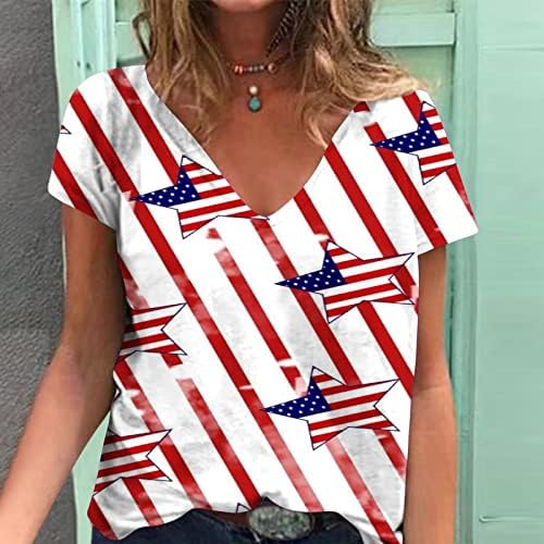 Ausyst Amerikai Zászló Grafikai Tshirts a Nők július 4 Stars Stripes Nyomtatott Hazafias Ing, V-Nyakú,