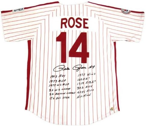 Pete Rose Aláírt Philadelphia Phillies Stat Jersey 1963-ban ROY, 1973 MVP, 1975 WS MVP, 3X WS BAJNOK,
